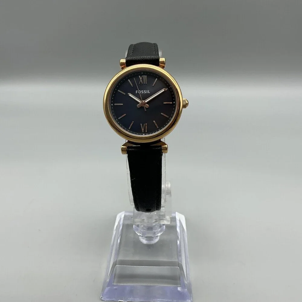 Fossil Carlie Womens Watch 28mm Black Dial Gold Tone Leather ES4700 New Battery